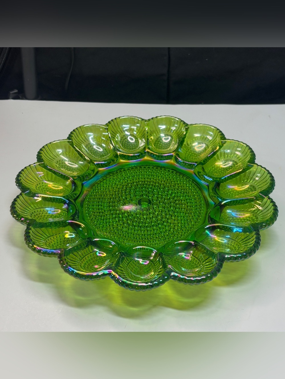Indiana Glass Iridescent Green Carnival Hobnail Thousand Eye Egg Plate - Picture 4 of 12
